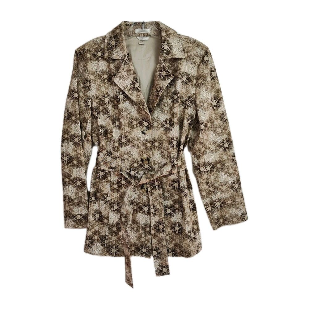 Christopher & Banks Pea Coat Women's Size S Brown Floral Pattern Buttons Belted